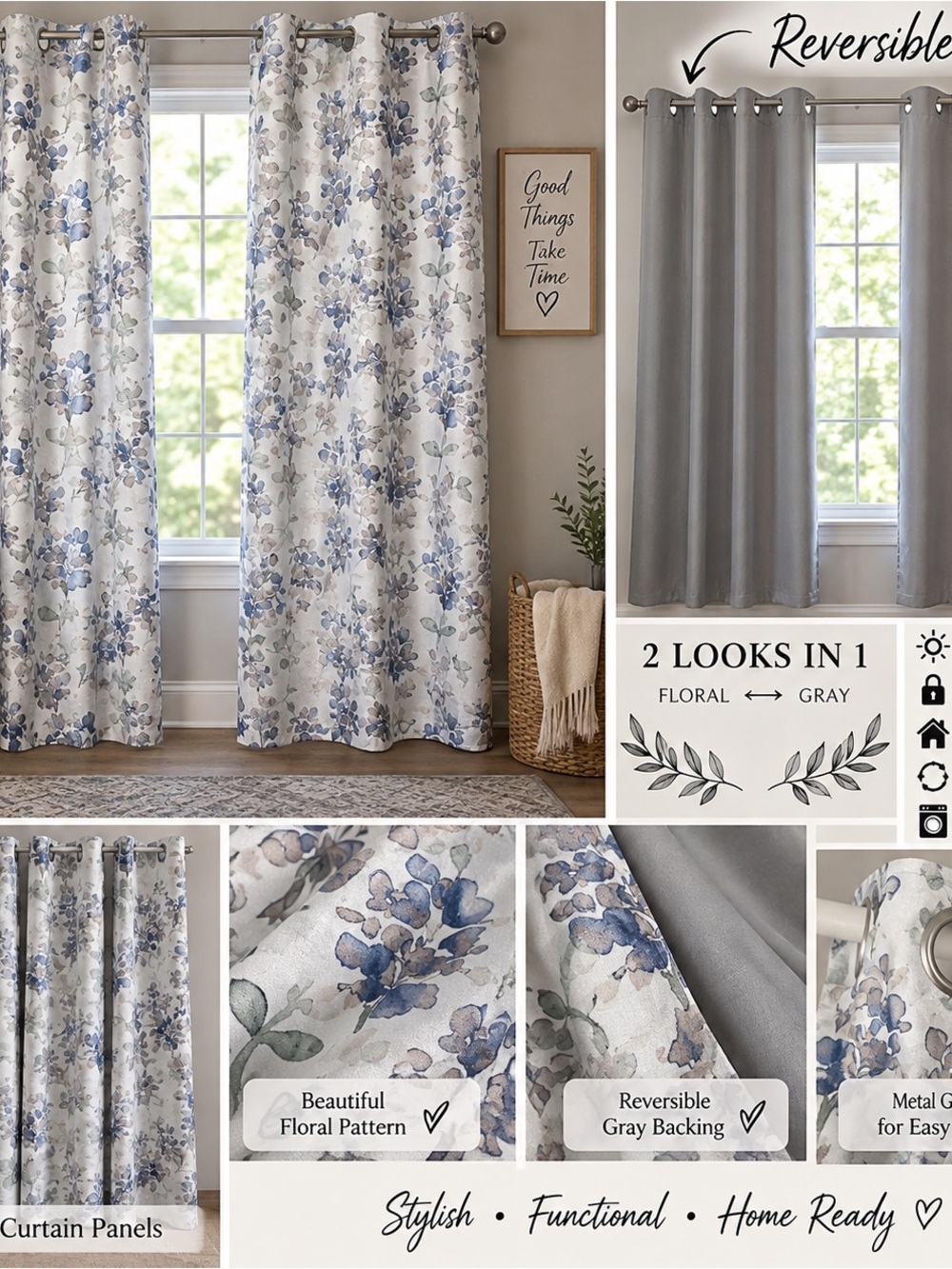 Set Of 4 Better Homes Floral Purple Blue & Gray Reversible 100%Blackout Curtains